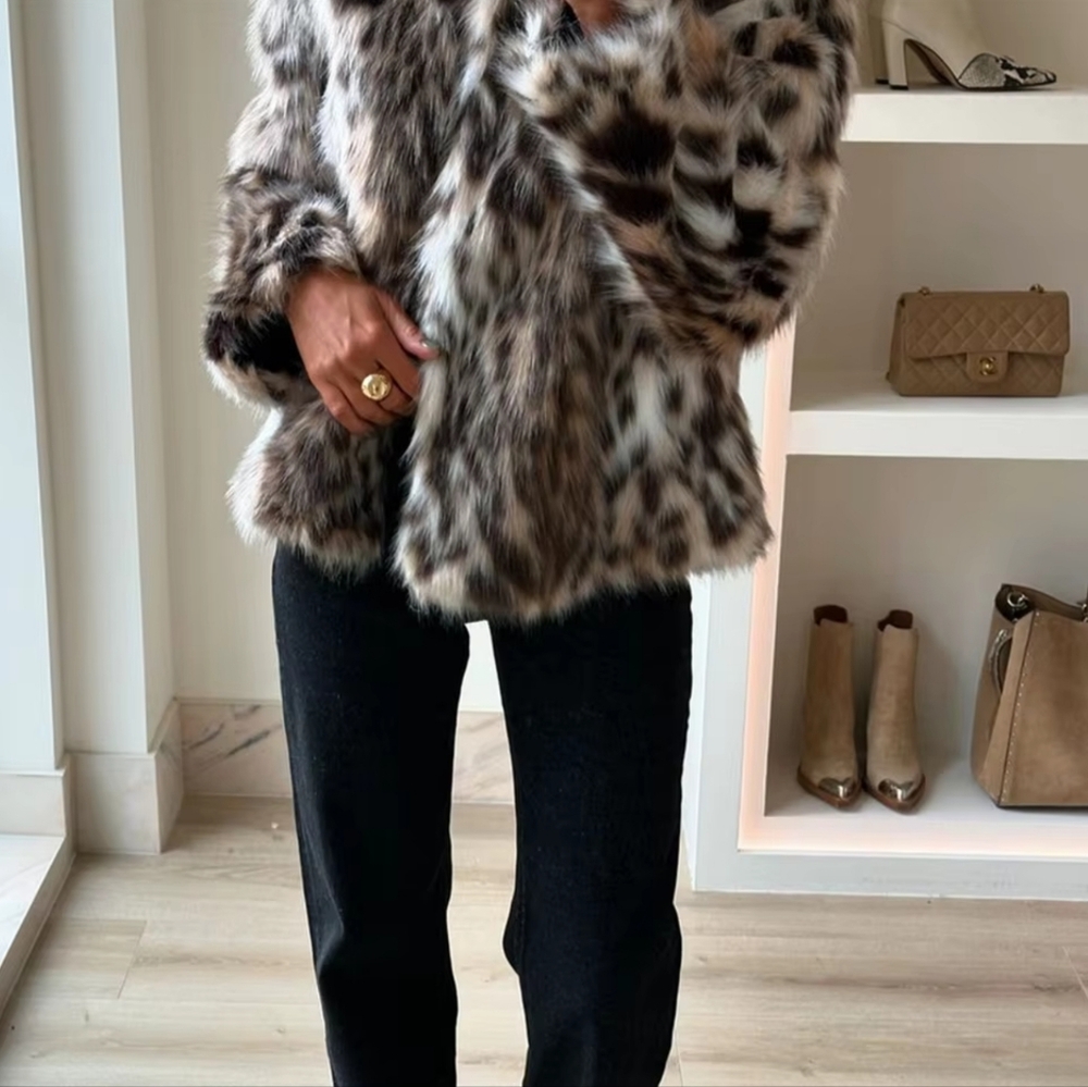 Style slim fit fashion simple single breasted faux fur effect lapel coat jacket - Picture 3 of 8